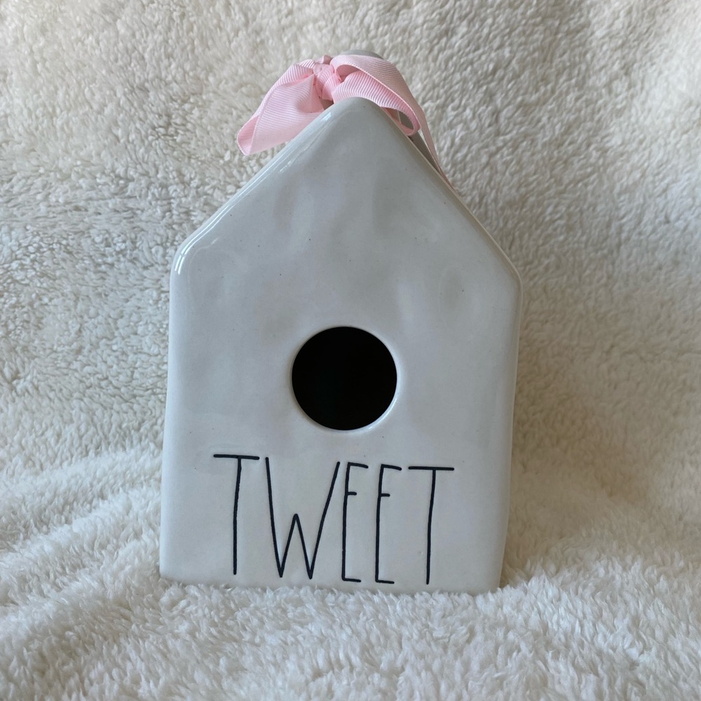 Rae Dunn Tweet Ceramic Birdhouse with Pink Bow